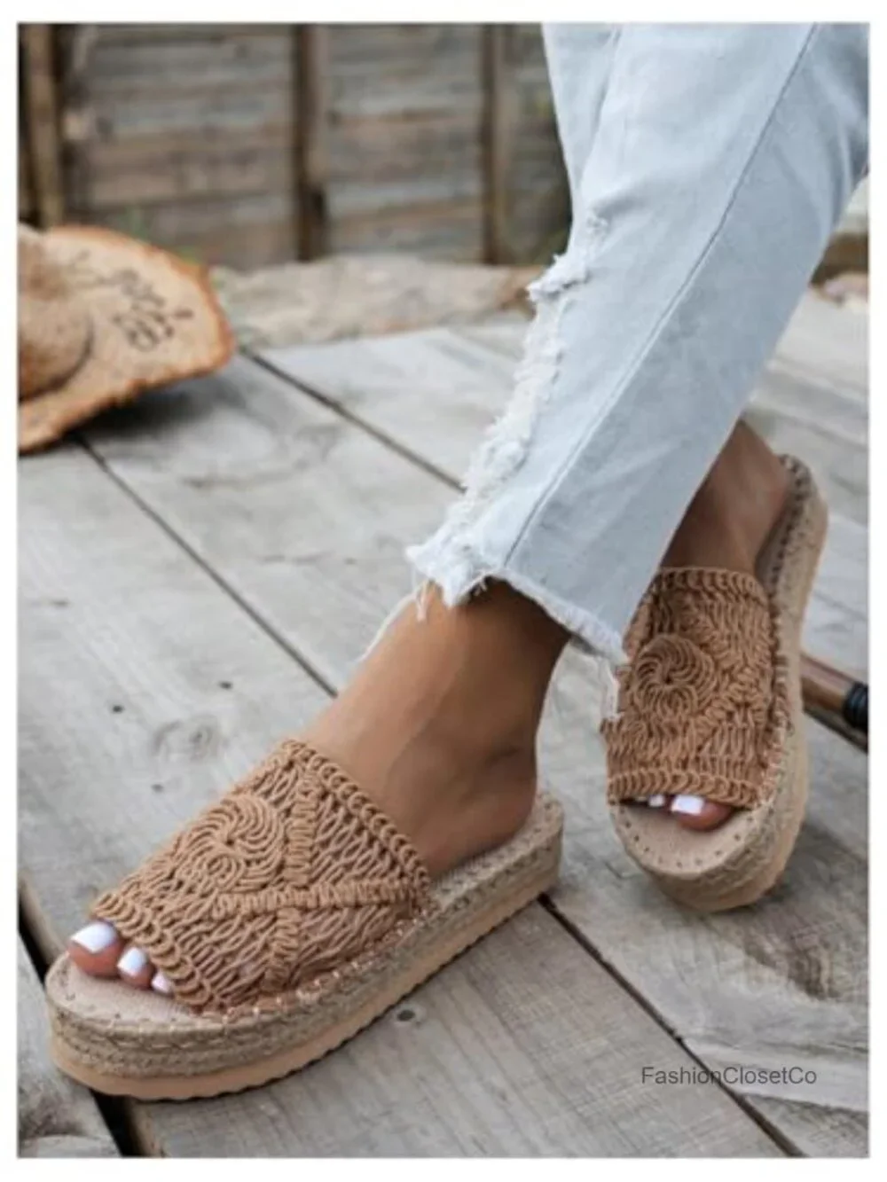 Bohemian Braided Crochet Platform Wedge Sandals Slide Beach Shoes